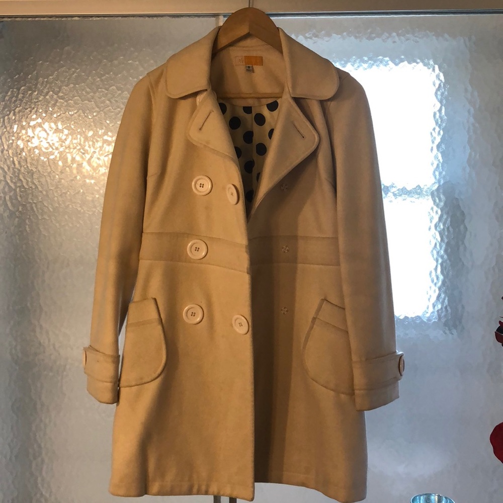 Cream Colored Pea Coat with Polka Dot Lining